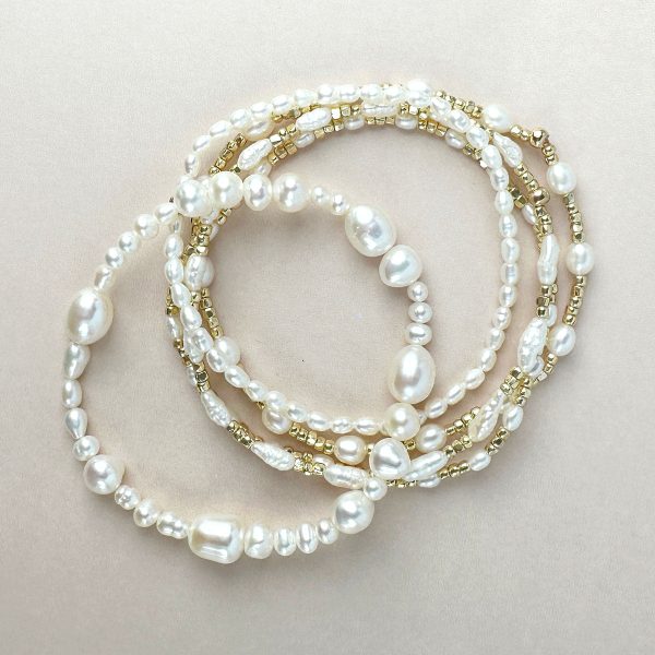 Gemstone Beaded Stretch Bracelet Small Oval Freshwater Pearls with Gold Nugget Beads Online Hot Sale