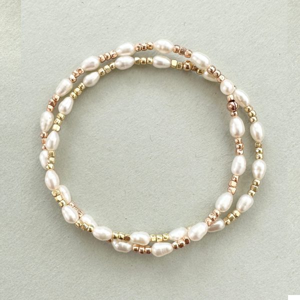 Gemstone Beaded Stretch Bracelet Small Oval Freshwater Pearls with Gold Nugget Beads Online Hot Sale